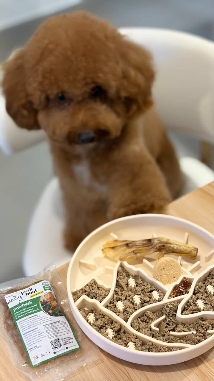 PawFresh dog food with a happy dog and owner