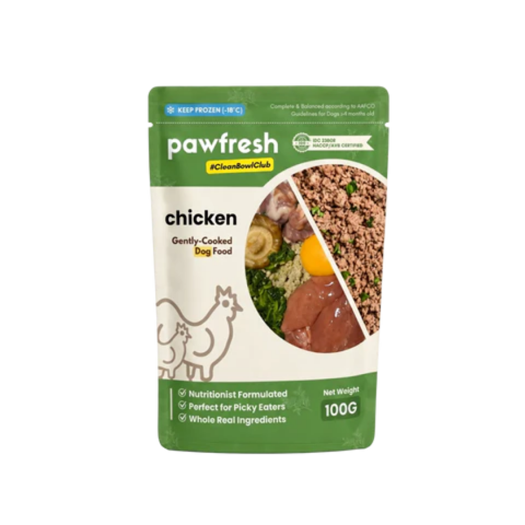 Fresh Chicken Dog Food ingredients including chicken meat, egg, and vegetables in a bowl.