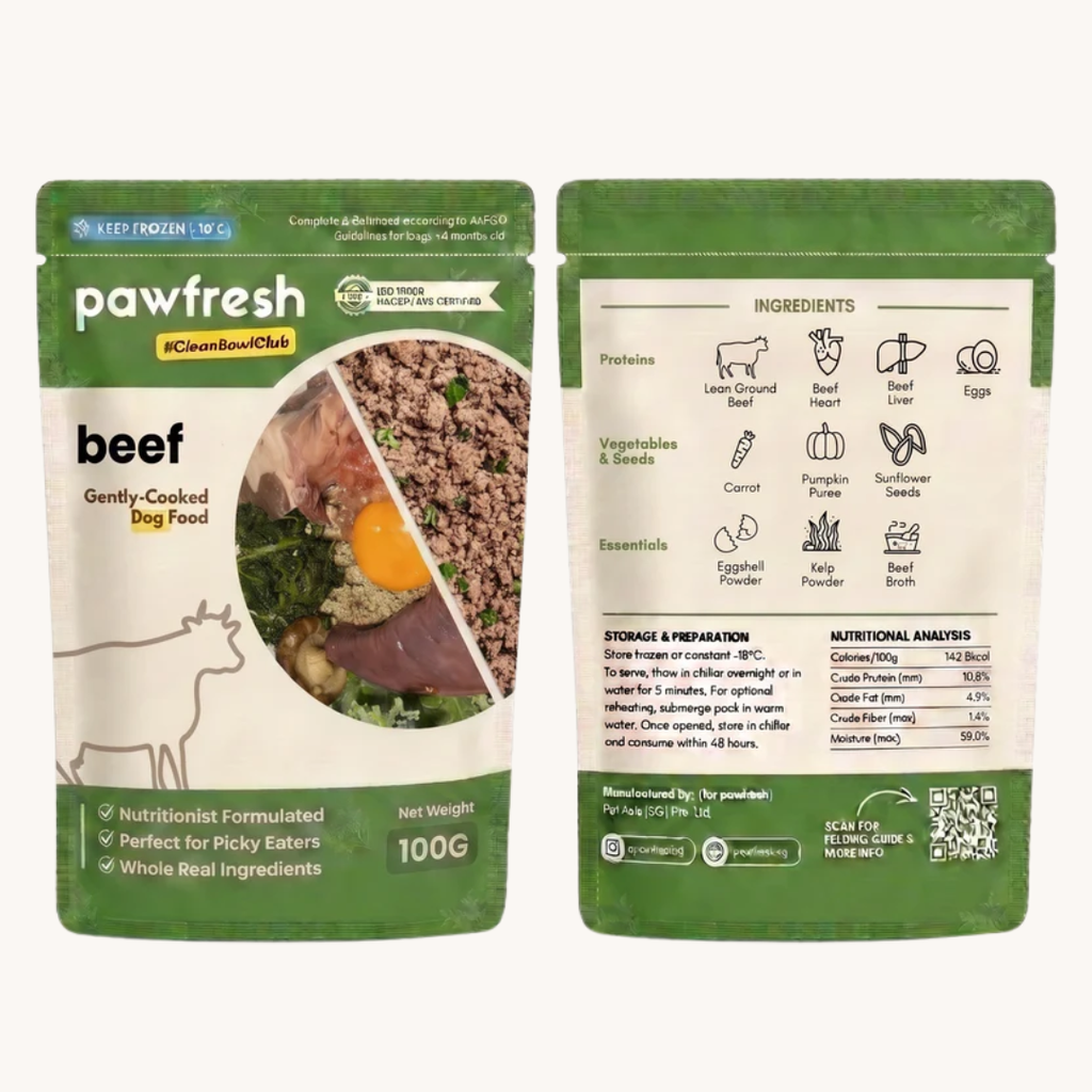 Fresh Beef Dog Food meal pack featuring gently-cooked beef, formulated for picky eaters and made with real ingredients.