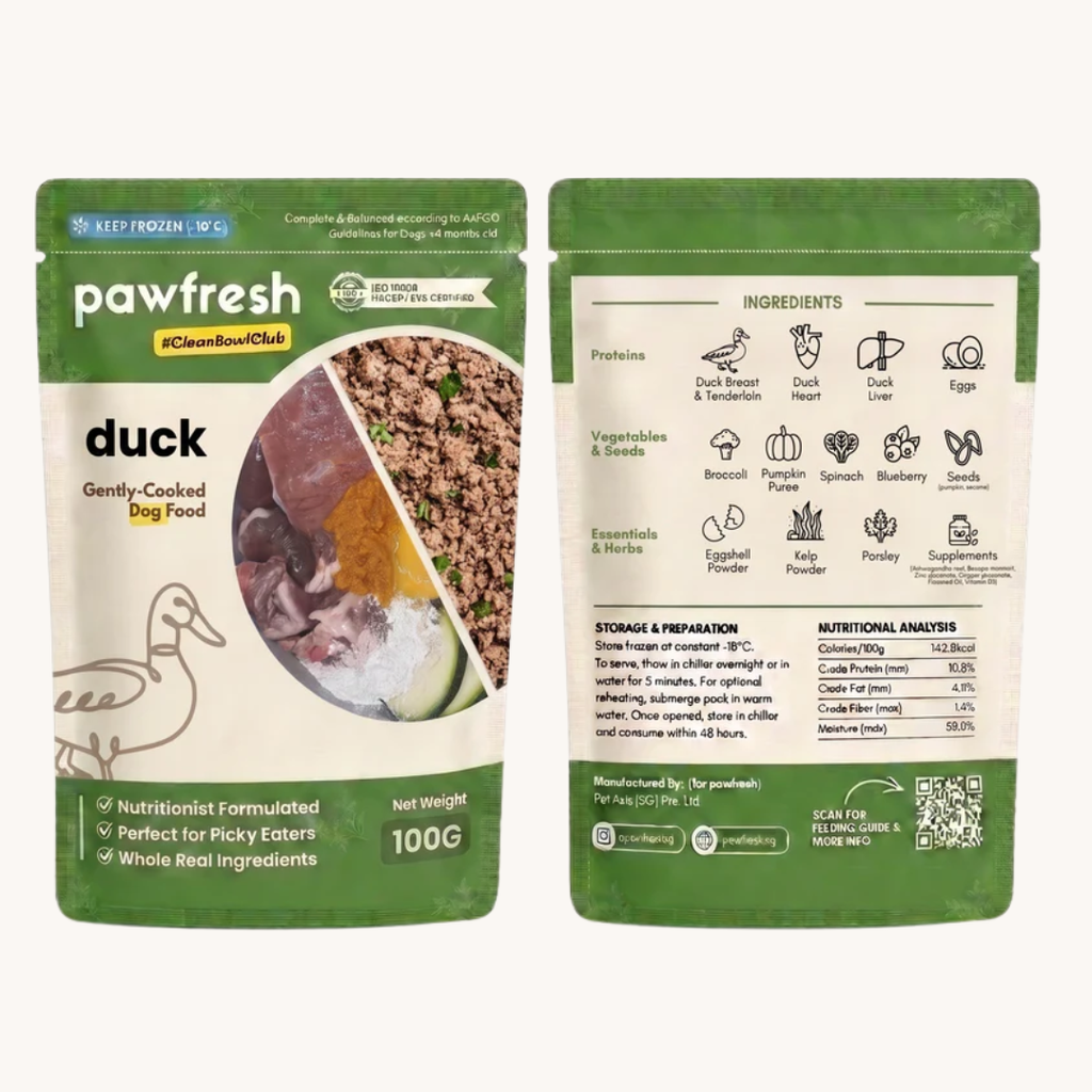 Fresh Duck Dog Food meal pack featuring gently-cooked duck, formulated for picky eaters and made with real ingredients.