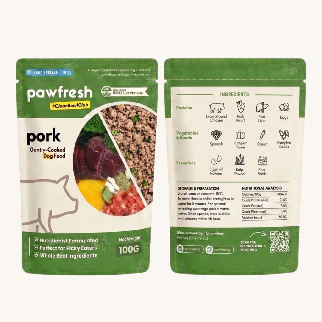 Fresh Pork Dog Food meal pack featuring gently-cooked pork, formulated for picky eaters and made with real ingredients.