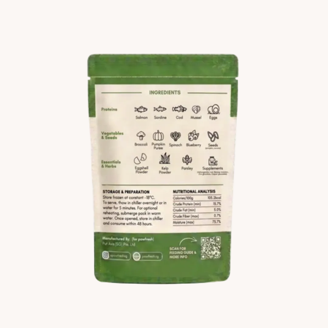 Fresh Salmon and Cod Dog Food meal pack featuring gently-cooked salmon and cod fish, formulated for picky eaters and made with real ingredients.