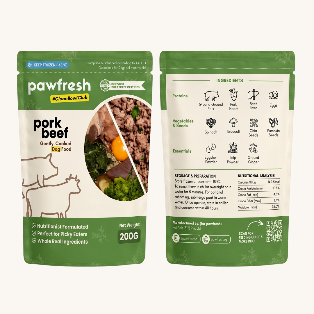 Fresh Pork and Beef Dog Food meal pack featuring gently-cooked pork and beef, formulated for picky eaters and made with real ingredients.