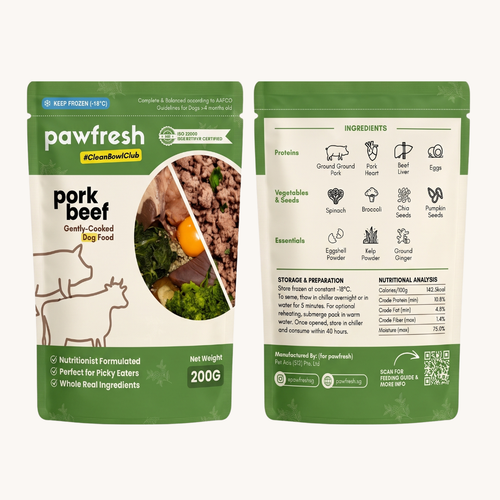 Fresh Pork and Beef Dog Food meal pack featuring gently-cooked pork and beef, formulated for picky eaters and made with real ingredients.