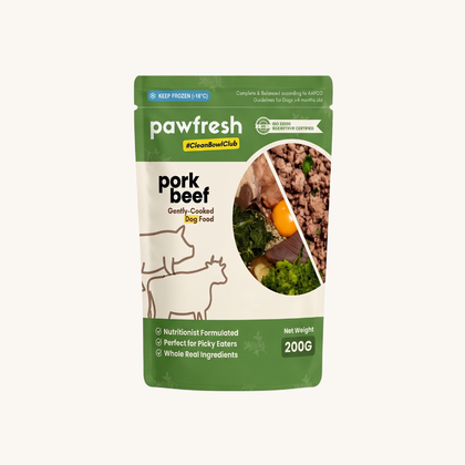 Fresh Pork and Beef Dog Food Meal Pack with gently-cooked pork and beef and whole real ingredients, nutritionally formulated for dogs.