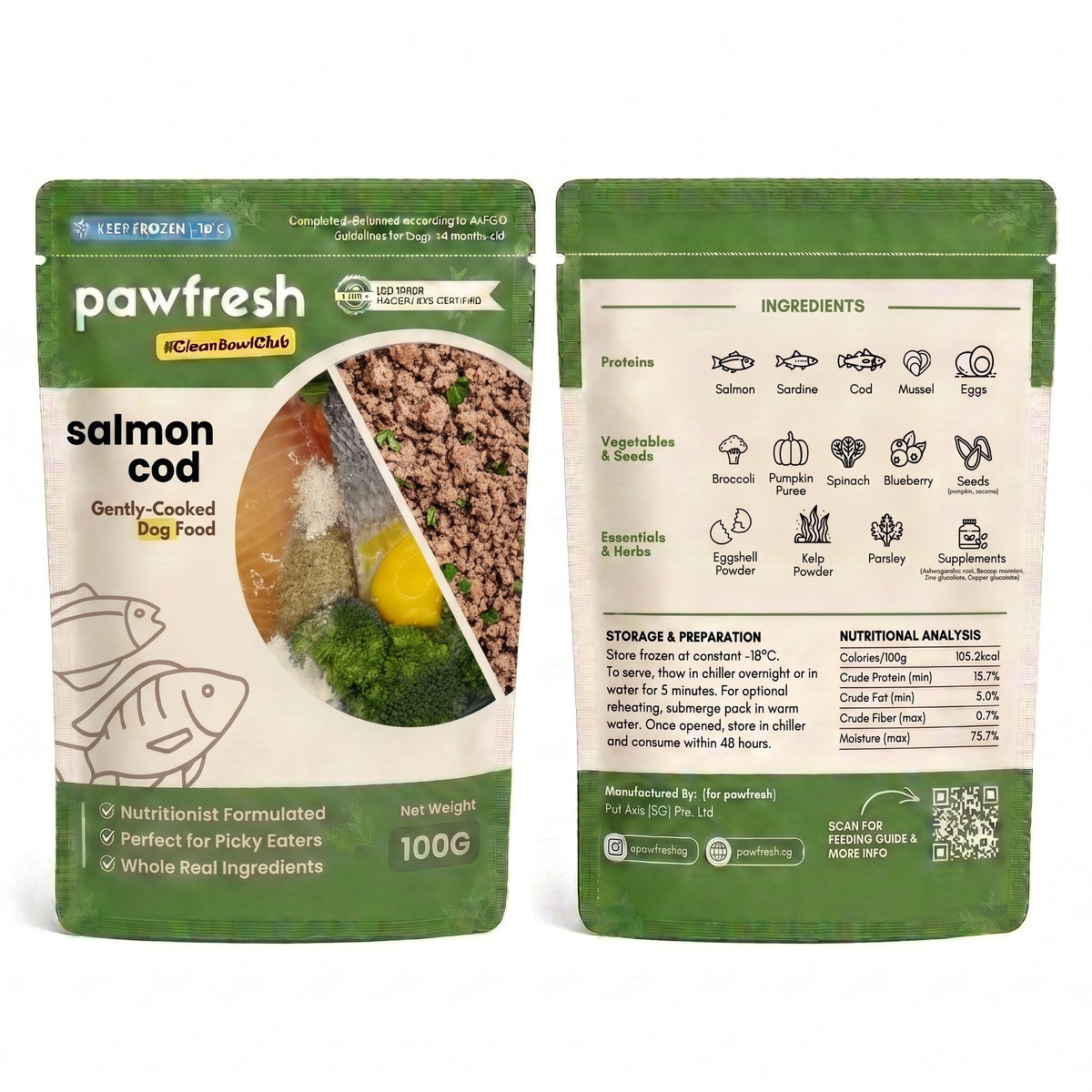 Fresh Salmon and Cod Dog Food ingredients including salmon cod fish, egg, and vegetables in a bowl.